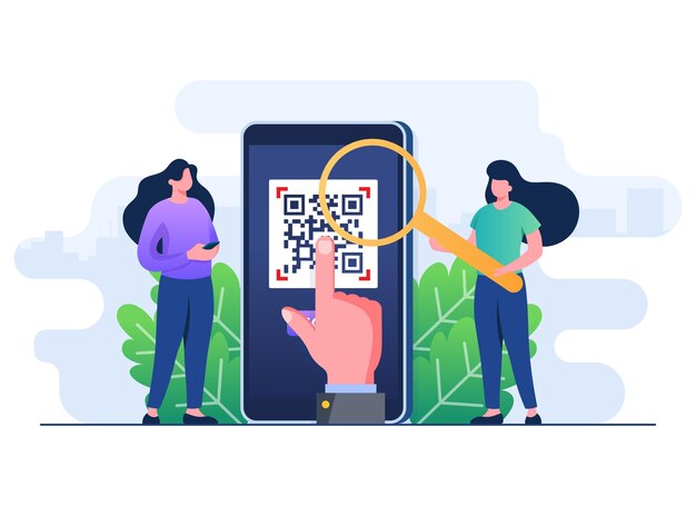Illustration of two people standing near a giant smartphone displaying a QR code. A hand points at the screen with a magnifying glass, set against a leafy backdrop.