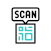 A stylized QR code icon with the word “SCAN” in a speech bubble above it, on a white background.