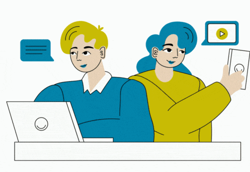 Two cartoon characters are seated at a table with a laptop. One holds a smartphone, and speech bubbles suggest communication. The mood is collaborative.